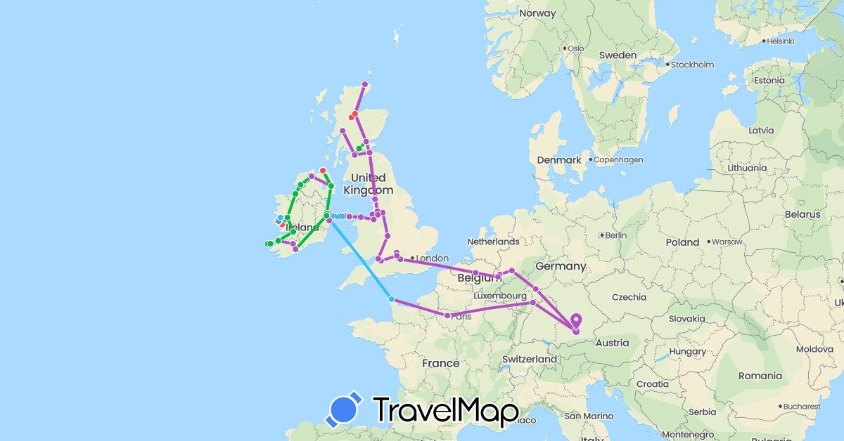 TravelMap itinerary: bus, cycling, train, hiking, boat, hitchhiking in Belgium, Germany, France, United Kingdom, Ireland (Europe)